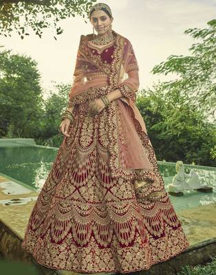 Maroon Hand work and Heavy Embroidered velvet Semi Stitched wedding Lehenga 1