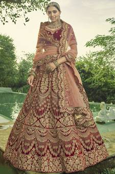 Maroon Heavy embroidery with Hand Worked Pure velvet semi stitched lehenga