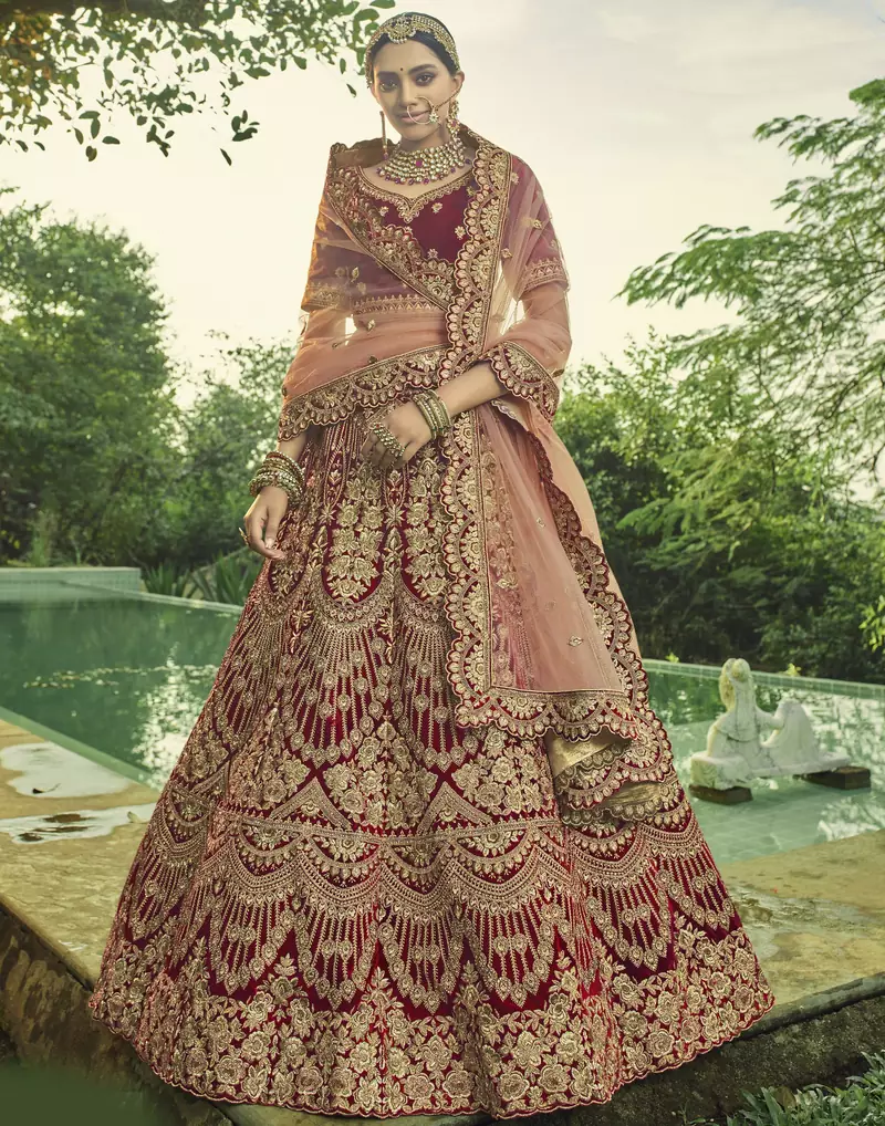Maroon Heavy embroidery with Hand Worked Pure velvet semi stitched lehenga