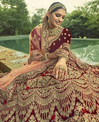 Maroon Hand work and Heavy Embroidered velvet Semi Stitched wedding Lehenga 2