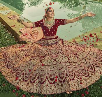 Maroon Hand work and Heavy Embroidered velvet Semi Stitched wedding Lehenga 3