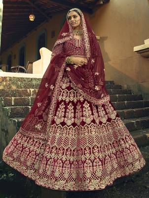 Maroon Hand work and Heavy Embroidered velvet Semi Stitched Bridal Lehenga 1