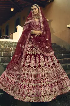 Maroon Heavy embroidery with Hand Worked Pure velvet semi stitched lehenga