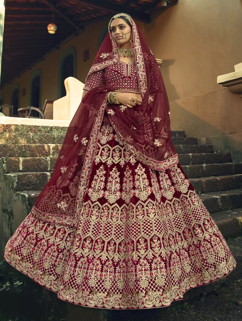 Maroon Heavy embroidery with Hand Worked Pure velvet semi stitched lehenga