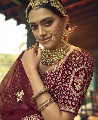 Maroon Hand work and Heavy Embroidered velvet Semi Stitched Bridal Lehenga 2