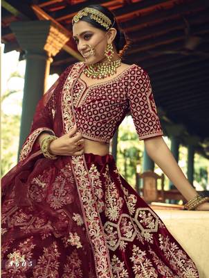 Maroon Hand work and Heavy Embroidered velvet Semi Stitched Bridal Lehenga 4