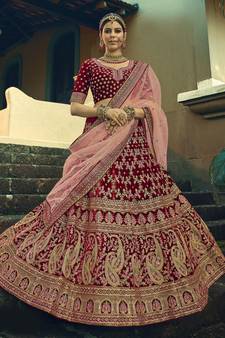 Maroon Heavy embroidery with Hand Worked Pure velvet semi stitched lehenga