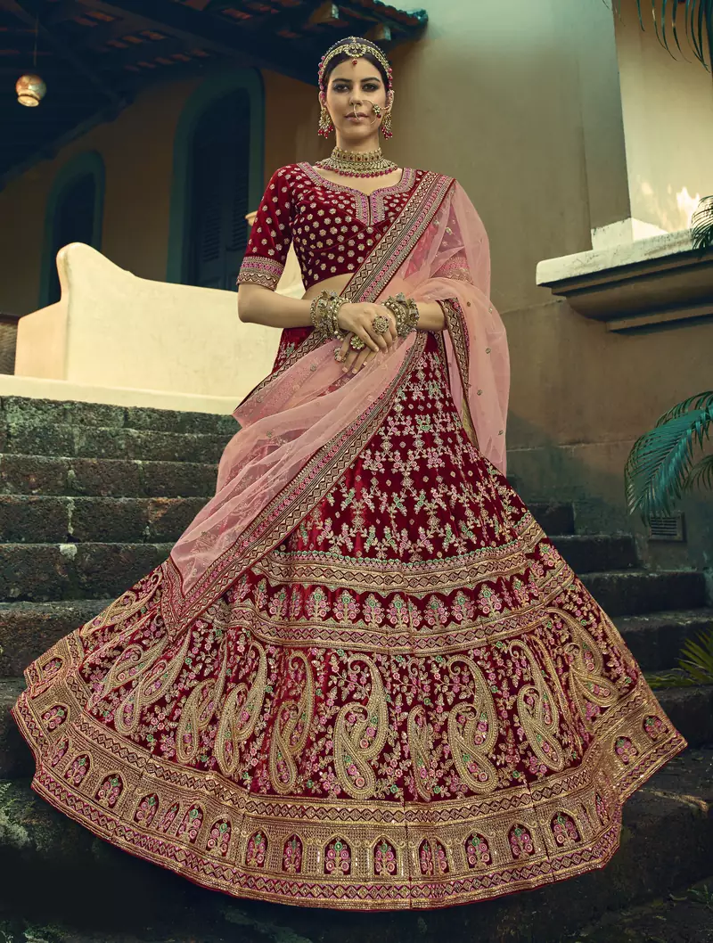 Maroon Heavy embroidery with Hand Worked Pure velvet semi stitched lehenga