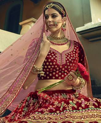 Maroon Hand work and Heavy Embroidered velvet Semi Stitched wedding Lehenga 2