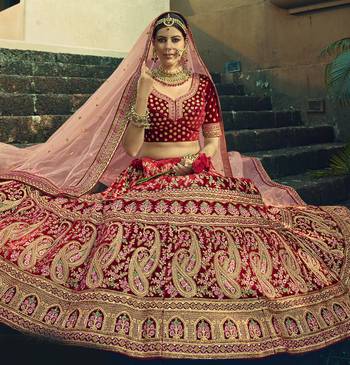 Maroon Hand work and Heavy Embroidered velvet Semi Stitched wedding Lehenga 3