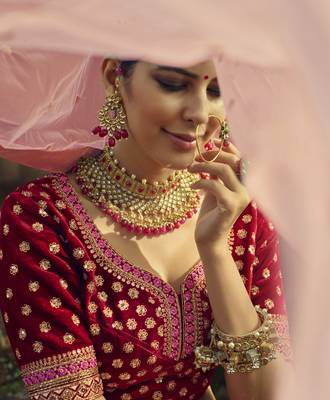 Maroon Hand work and Heavy Embroidered velvet Semi Stitched wedding Lehenga 4