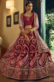Maroon Heavy embroidery with Hand Worked Pure velvet semi stitched lehenga