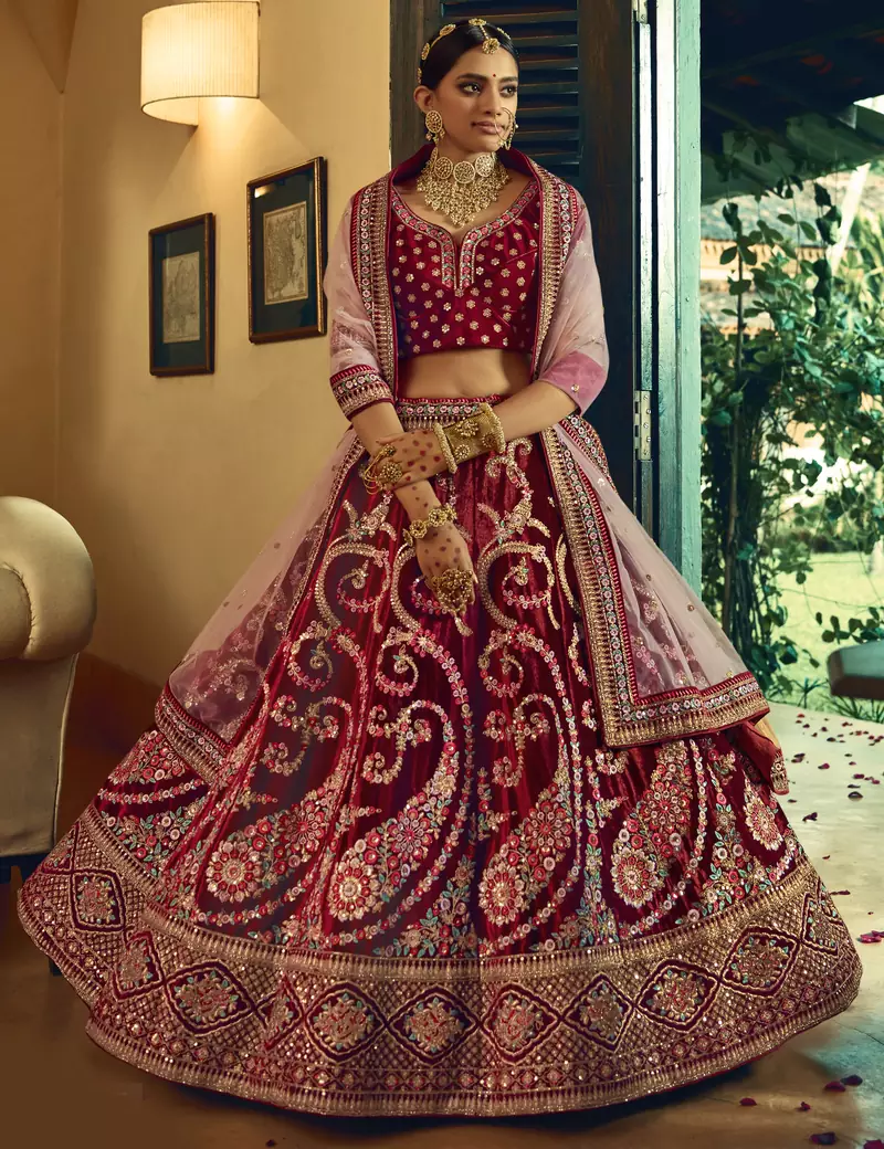 Maroon Heavy embroidery with Hand Worked Pure velvet semi stitched lehenga
