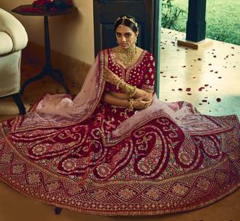 Maroon Hand work and Heavy Embroidered velvet Semi Stitched Bridal Lehenga 2