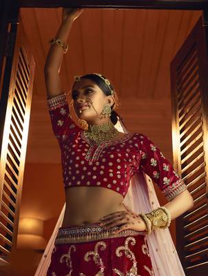Maroon Hand work and Heavy Embroidered velvet Semi Stitched Bridal Lehenga 3