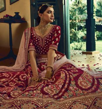 Maroon Hand work and Heavy Embroidered velvet Semi Stitched Bridal Lehenga 4