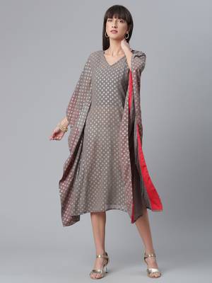 Ahalyaa Women Grey & Golden Ethnic Motifs Printed Flared Sleeves Kaftan Kurta 1