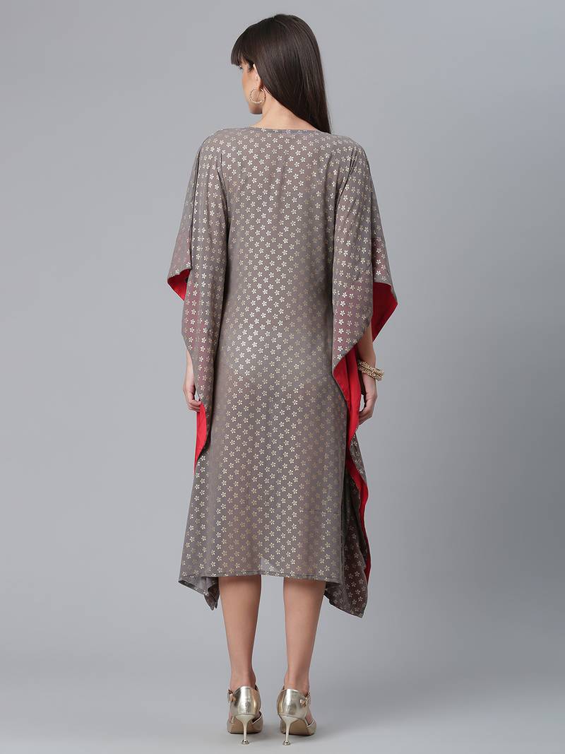 Ahalyaa Women Grey & Golden Ethnic Motifs Printed Flared Sleeves Kaftan Kurta