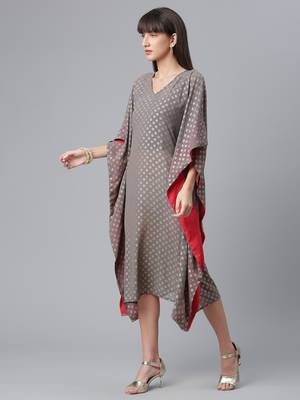 Ahalyaa Women Grey & Golden Ethnic Motifs Printed Flared Sleeves Kaftan Kurta 3