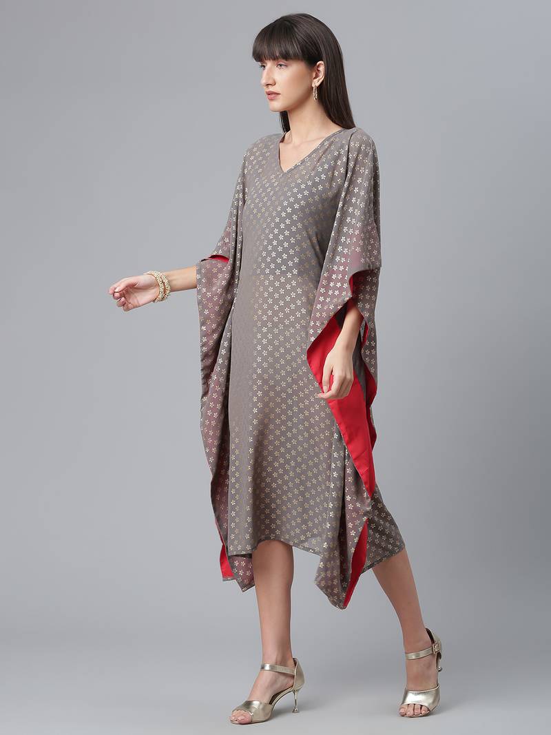 Ahalyaa Women Grey & Golden Ethnic Motifs Printed Flared Sleeves Kaftan Kurta
