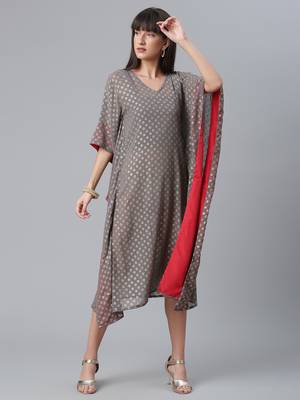 Ahalyaa Women Grey & Golden Ethnic Motifs Printed Flared Sleeves Kaftan Kurta 4