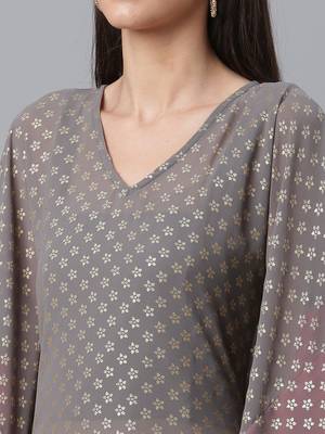 Ahalyaa Women Grey & Golden Ethnic Motifs Printed Flared Sleeves Kaftan Kurta 5