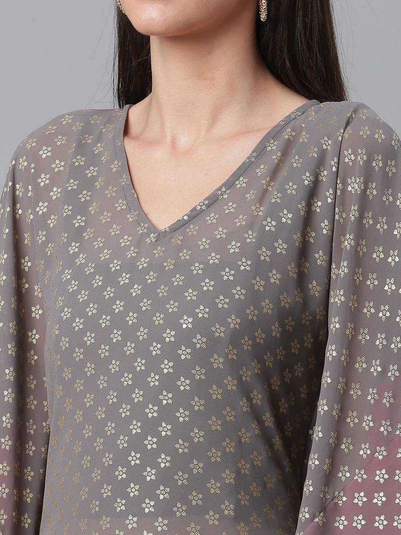 Ahalyaa Women Grey & Golden Ethnic Motifs Printed Flared Sleeves Kaftan Kurta