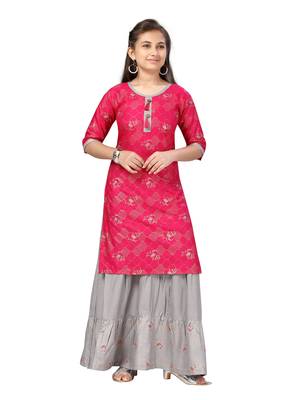 Pink printed cotton girls-top-bottom 1