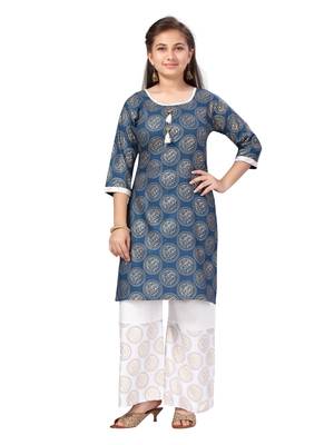 Blue printed cotton girls-top-bottom 1