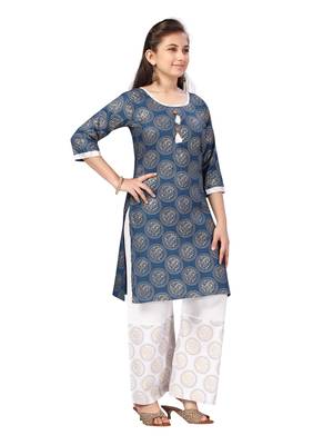 Blue printed cotton girls-top-bottom 2