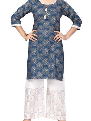 Blue printed cotton girls-top-bottom 5
