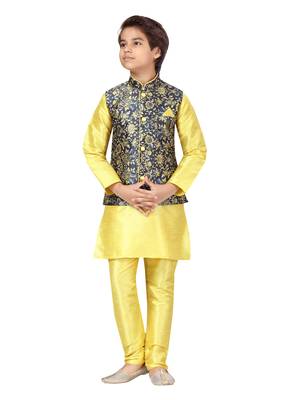 Yellow printed silk boys-kurta-pyjama 1