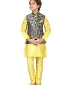 Yellow printed silk boys-kurta-pyjama
