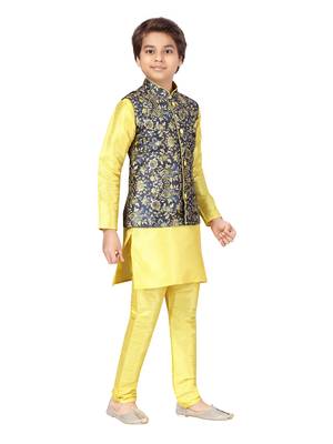 Yellow printed silk boys-kurta-pyjama 2
