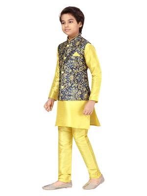 Yellow printed silk boys-kurta-pyjama 3