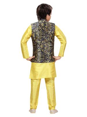 Yellow printed silk boys-kurta-pyjama 4