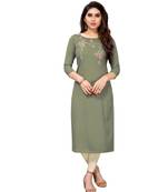 Olive embroidered rayon kurtas-and-kurtis