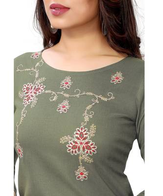 Olive embroidered rayon kurtas-and-kurtis 5