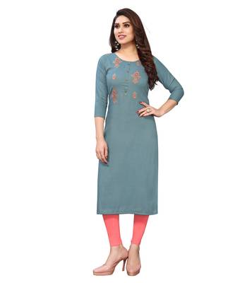 Dark-aqua-blue embroidered viscose rayon kurtas-and-kurtis 1