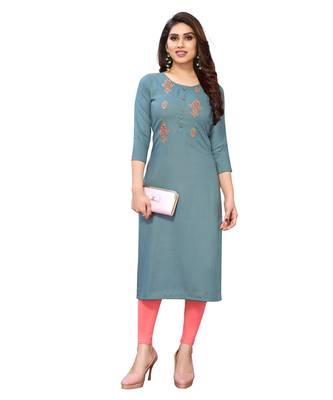 Dark-aqua-blue embroidered viscose rayon kurtas-and-kurtis 4