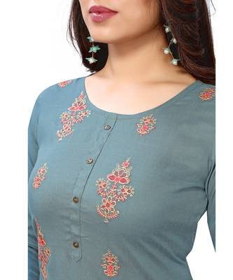 Dark-aqua-blue embroidered viscose rayon kurtas-and-kurtis 5