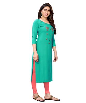 Green embroidered viscose rayon kurtas-and-kurtis 2