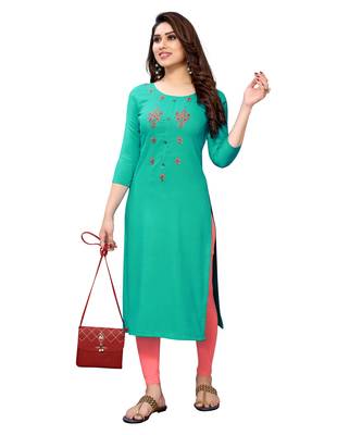 Green embroidered viscose rayon kurtas-and-kurtis 4