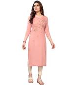 Peach embroidered viscose rayon kurtas-and-kurtis