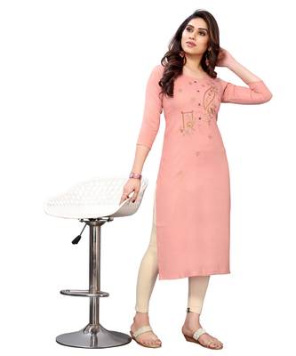 Peach embroidered viscose rayon kurtas-and-kurtis 4