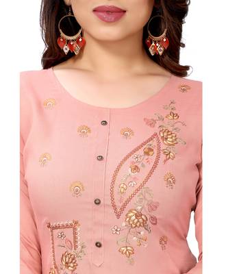 Peach embroidered viscose rayon kurtas-and-kurtis 5