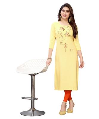 Light-yellow embroidered viscose rayon kurtas-and-kurtis 4