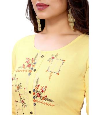 Light-yellow embroidered viscose rayon kurtas-and-kurtis 5