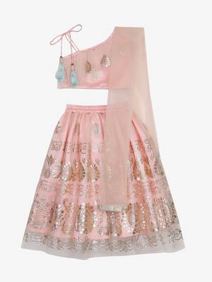Peach Pink Kids Lehenga Choli with Tassels - Stitched 1