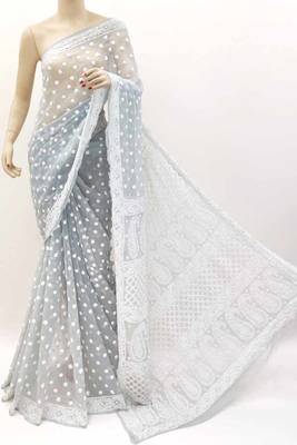 Grey embroidered georgette saree with blouse 1